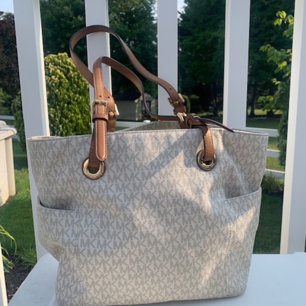 Michael KORS TOTE PURSE BAG with MK logo Gold Tan Brown Gray - Picture 3 of 9